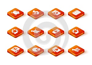 Set Document and lock, Pie chart infographic, Arrow growth gear, Monitor with exclamation mark, Mobile, Server, Data