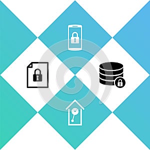 Set Document and lock, Retro wall watch, Smartphone with and Server security icon. Vector