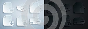 Set Document and lock, Upload file document, Add new, folder with minus, Cloud check mark and icon. Vector