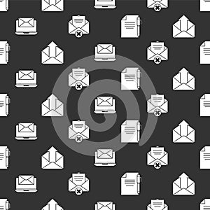 Set Document and pen, Outgoing mail, Laptop with envelope and Delete envelope on seamless pattern. Vector