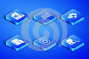 Set Document with search, and lock, Shield settings gear, Server, Data, Web Hosting, Pie chart infographic and Cloud