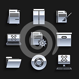 Set Document settings with gears, Scotch, Computer keyboard and x mark, Carton cardboard box, folder, Laptop cross