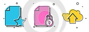 Set Document with star, Document and lock and Cloud upload icon. Vector