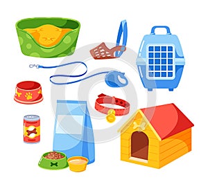 Set Of Dog Accessories, Couch With Pillow, Food In Bowl with Paw Prints, Tin Can And Package, Cage And Kennel, Leash
