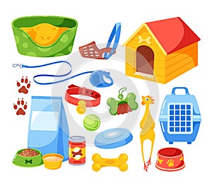 Set of Dog Accessories, Couch with Pillow, Food in Bowl, Tin Can and Package, Toys, Cage and Kennel. Leash with Muzzle