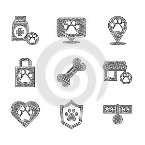 Set Dog bone, Animal health insurance, Collar with name tag, Veterinary hospital, Heart animals footprint, Shopping bag