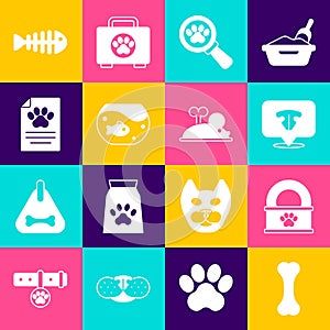 Set Dog bone, Canned food, Cat nose, Veterinary clinic, Aquarium with fish, Clinical record pet, Fish skeleton and