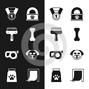 Set Dog bone, Hair brush for dog and cat, award symbol, Canned food, Retractable cord leash, Door pet and Bag of icon