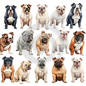 Set of dog breeds - english bulldog. Isolated on white background