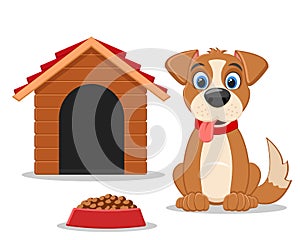 Set of dog, doghouse and food on a white.