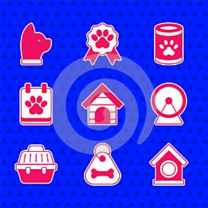 Set Dog house, collar with bone, Hamster wheel, Pet carry case, Calendar grooming, Canned food and Cat icon. Vector