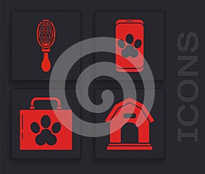 Set Dog house, Hair brush for dog and cat, Online veterinary clinic symbol and Pet first aid kit icon. Vector