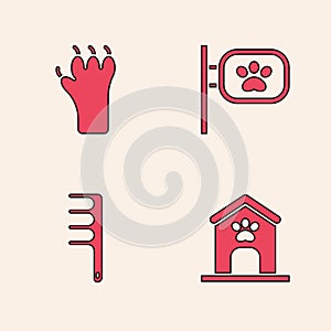 Set Dog house and paw print, Paw, Pet grooming and Hair brush for dog cat icon. Vector