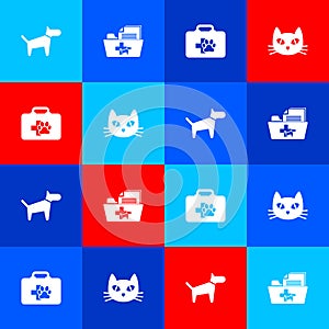 Set Dog, Medical veterinary record folder, Pet first aid kit and Cat icon. Vector