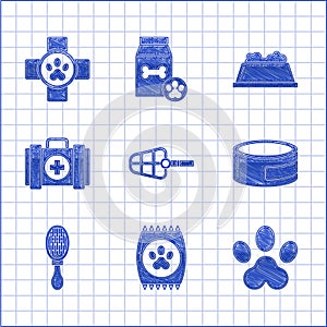 Set Dog muzzle, Bag of food for pet, Paw print, Canned, Hair brush dog and cat, Pet first aid kit, bowl and Veterinary