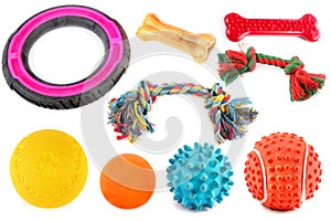 Set of dog toys isolated on white. Collage