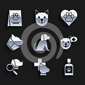 Set Dog, Veterinary clinic symbol, medicine bottle, Heart with animals footprint and Bag of food for dog icon. Vector