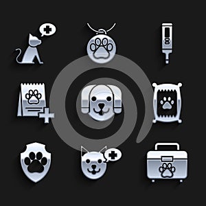 Set Dog, Veterinary clinic symbol, Pet first aid kit, Bag of food for dog, Animal health insurance, Medical digital