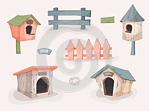 Set of doghouses, birdhouses and fences. Colourful cartoon style wooden houses, feeders. Barchitecture.