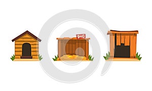Set of Doghouses, Small Wooden House for Dogs at Backyard Cartoon Vector Illustration