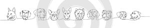 Set of dogs of different breeds, guard dog, service dog, companion dog one line art. Continuous line drawing of friend