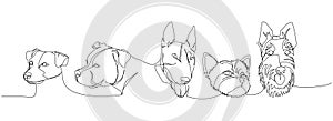 Set of dogs of different breeds, guard dog, service dog, companion dog one line art. Continuous line drawing of friend