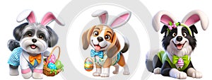 Cutout Set of Cute 3D Dogs Dressed Up as Easter Bunny, Isolated on Transparent or White Background: PNG Clipart