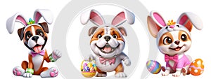 Cutout Set of Cute 3D Dogs Dressed Up as Easter Bunny, Isolated on Transparent or White Background: PNG Clipart