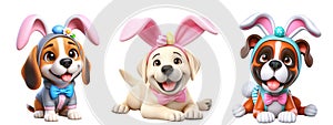 Cutout Set of Cute 3D Dogs Dressed Up as Easter Bunny, Isolated on Transparent or White Background: PNG Clipart