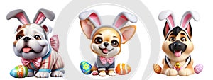 Cutout Set of Cute 3D Dogs Dressed Up as Easter Bunny, Isolated on Transparent or White Background: PNG Clipart