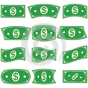 Set of dollar bill money banknotes, with different deformation, vector symbol icons, bill dollar sign curved currency banknotes