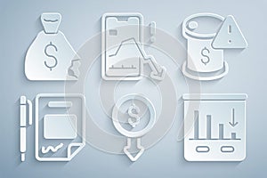 Set Dollar rate decrease, Drop in crude oil price, Contract money and pen, Pie chart infographic, Mobile stock trading