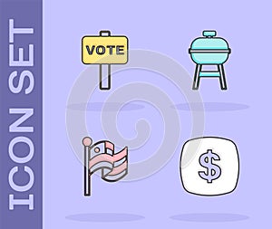 Set Dollar symbol, Vote, American flag and Barbecue grill icon. Vector