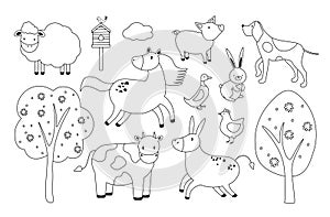 Set of domestic and farm animals and pets and trees. Thin black line art icons. Linear cartoon style illustrations