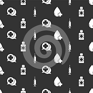 Set Donate drop blood with cross, Bottle of medicine syrup, Dialogue with the doctor and Syringe on seamless pattern