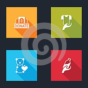 Set Donation and charity, Clothes donation, Donate child toys and water icon. Vector