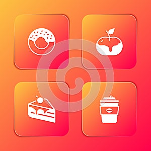 Set Donut, Apple in caramel, Piece of cake and Coffee cup to go icon. Vector