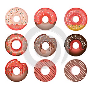 Set donuts with cream isolated on a white background. Cute glossy donuts with pink, chocolate and vanilla glaze and sprinkles