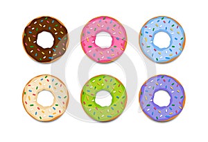 Set of donuts with multicolored glaze isolated on white background.