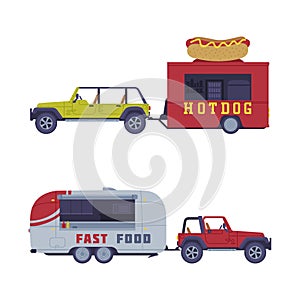 Set of dood trucks. Side view of vans for hotdog and fast food selling cartoon vector illustration