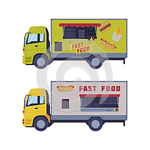 Set of dood trucks. Side view of vans for street food selling cartoon vector illustration