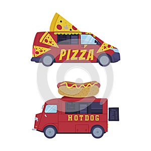 Set of dood trucks. Vans for pizza and hotdog selling cartoon vector illustration
