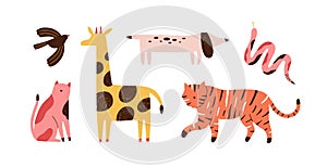 Set of doodle abstract trendy wild animals and pets. Stylish modern contemporary art. Bird, snake, giraffe, dog, tiger