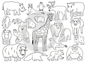 Set of doodle animals. Vector outline cartoon isolated graphic hand drawn illustration. Giraffe bear orangutan ox rhino wombat