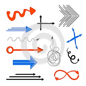 Set of doodle arrows. Abstract arrows, trendy vector objects.