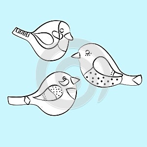 Set doodle birds with different patterns. Hand drawing cute characters on blue background. Flying birds.