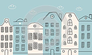 A set of doodle canal houses.Buildings pattern.Architecture of buildings line. Hand-drawn vector illustration.