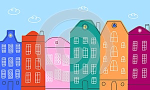 A set of doodle canal houses.Buildings pattern.Architecture of buildings line. Hand-drawn vector illustration.