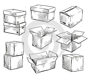 Set of doodle cardboard boxes. Vector illustration.