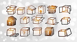 Set of doodle cardboard boxes on white glowing background. Vector sketch illustration.